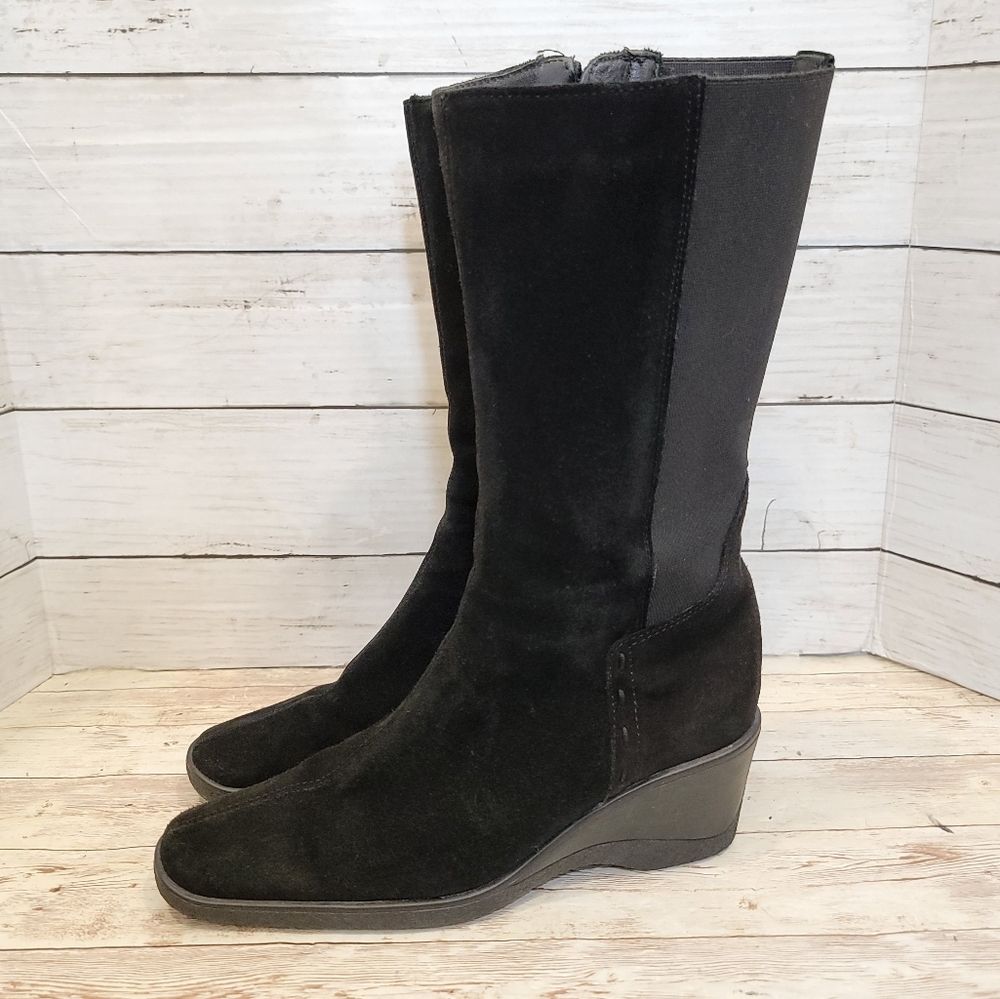 Aquatalia Black Suede Wedge Knee Boots